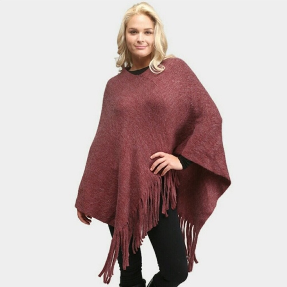 Poncho With Fringe Edging Burgundy Color